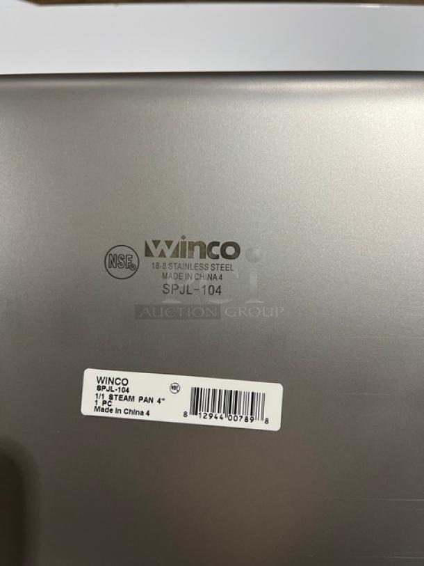 Winco SPJL-104 stainless steel steamtable pan, 4" deep, anti-jam, full-size, new condition, model number visible on base.