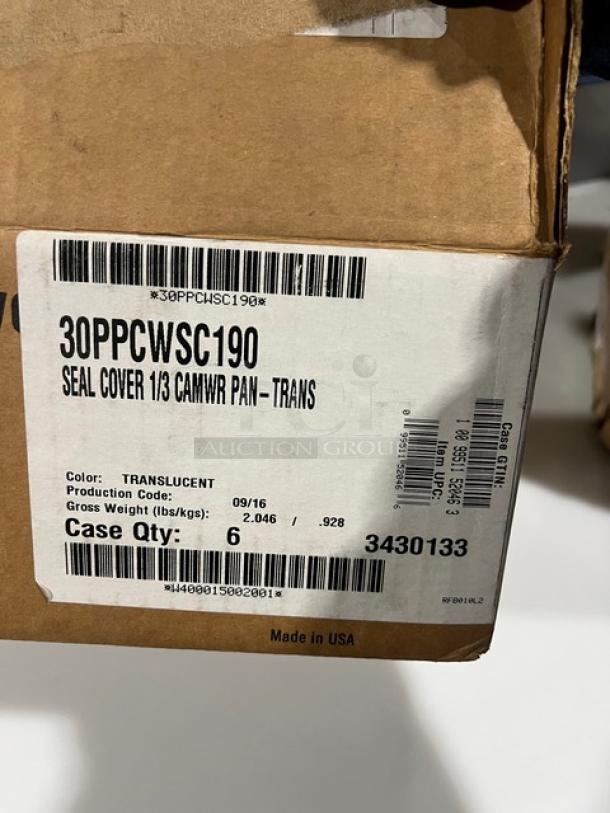 Cambro Commercial Translucent 1/3-Size Pan Seal Cover, Model 30PPCWSC190, new in packaging. Case quantity: 6. Made in USA.