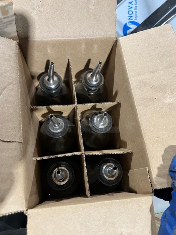 TableCraft Model 10375 clear glass 18 oz oil and vinegar cruet bottles with stainless steel pourers, packed in box, new condition.