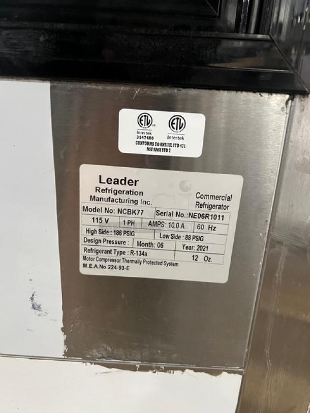 Leader NCBK77 stainless steel bakery merchandiser display case, 2-tier, rear sliding glass doors, poly-coated wire rack, 115V.