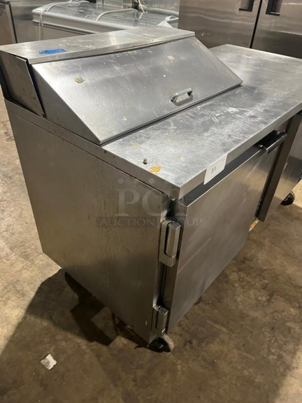 Beverage-Air SPE6008 stainless steel 2-door prep table with refrigerated bain marie top, poly coated rack, on casters.