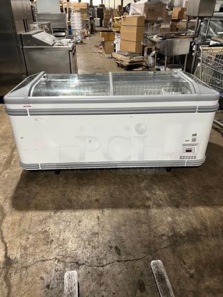 AHT MALTA 185 commercial chest freezer, double sliding doors, 120V, heavy-duty, fair condition, serial 30339300003231.