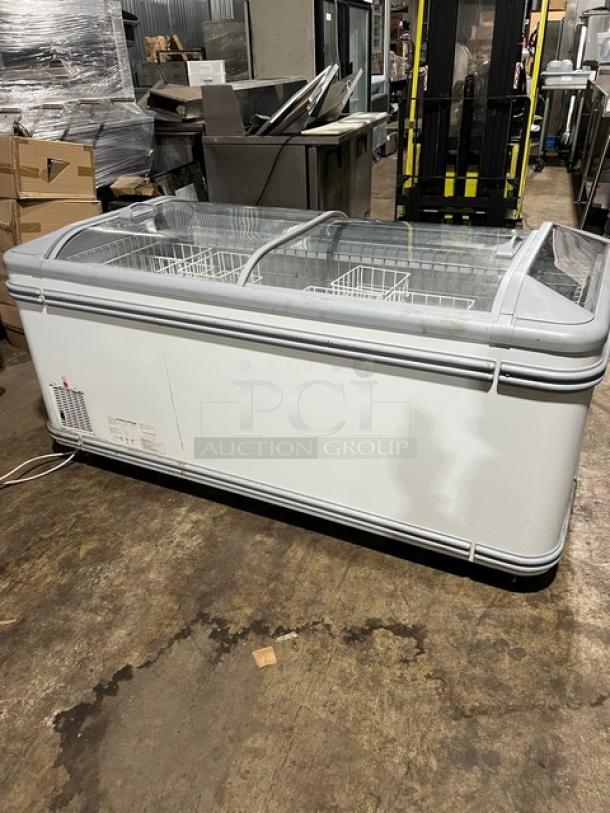 AHT MALTA 185 heavy-duty commercial chest freezer with double sliding doors, model and serial labeled, 120V 1 Phase.