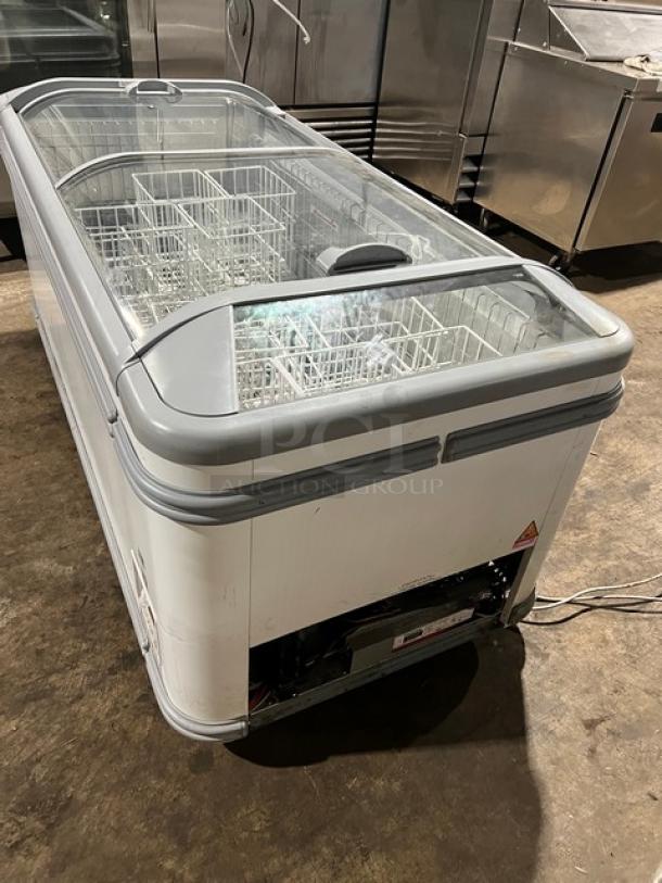 AHT Heavy Duty Commercial Double Top Sliding Door Chest Freezer, Model MALTA 185, 120V, with visible interior baskets, excellent condition.