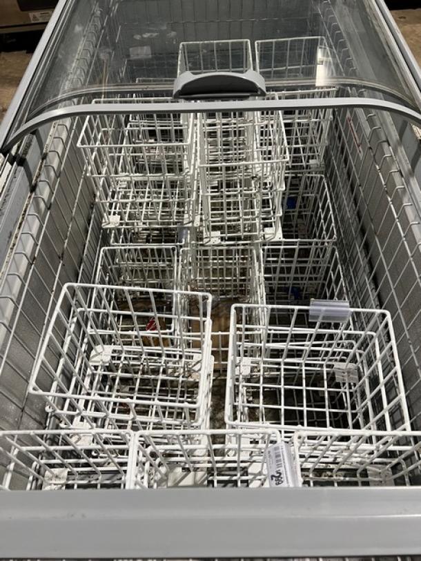 AHT Heavy Duty Commercial Chest Freezer, Model MALTA185. Features sliding glass doors, multiple wire baskets, 120V, 1 Phase.