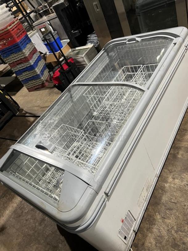 AHT MALTA185 commercial chest freezer, double sliding doors, heavy-duty, 120V 1-phase, good condition with visible serial label.
