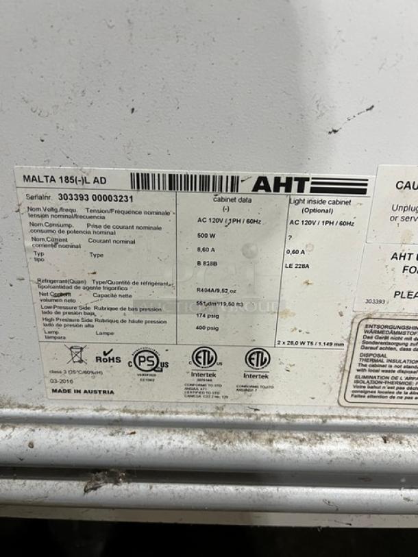 AHT MALTA185 heavy-duty commercial chest freezer label. Model: MALTA 185, Serial: 30339300003231, 120V, 1 Phase.