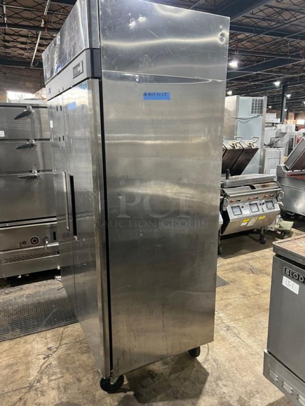 Turbo Air M3F47-2 stainless steel 2-door reach-in freezer, on casters, model and serial tags visible, in good condition.