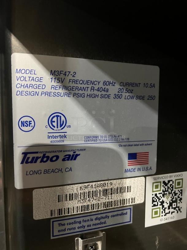 Turbo Air M3F47-2 2-door stainless steel reach-in freezer on casters, 115V, serial K9F41A8019, in excellent condition.