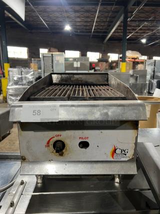 CPG Natural Gas 15" Countertop Char Broiler Grill, stainless steel, on legs, used condition, visible controls and CPG logo.