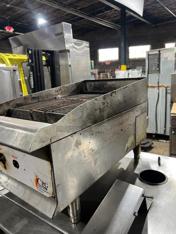 CPG natural gas-powered 15-inch countertop char broiler grill on legs, showing moderate wear.