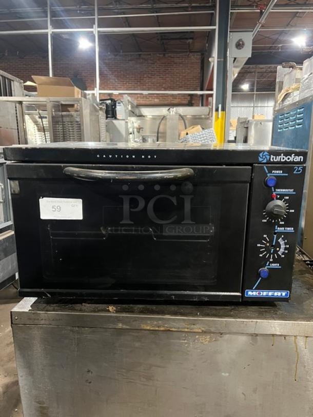 Moffat Turbo Fan E25 countertop electric convection oven, black, controls visible, model E25, serial 234997, 120V 1 Phase.