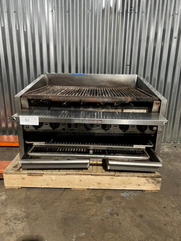 MagicKitchn 36" countertop gas char broiler grill with cheese melter, working condition, stainless steel, model tag visible.