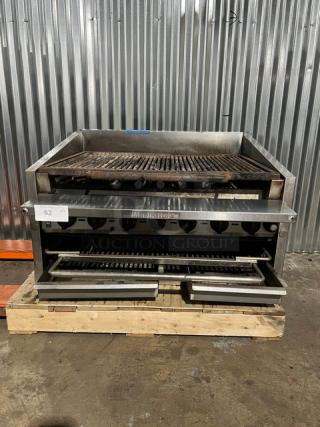 MagicKitchn 36" countertop gas char broiler grill with cheese melter, working condition, stainless steel, model tag visible.