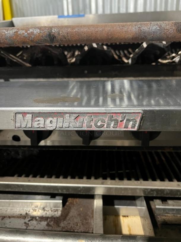 MagicKitchn 36" natural gas countertop double char broiler grill with cheese melter, used condition, logo visible.
