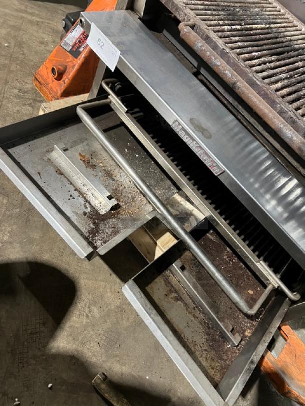 MagicKitchn 36" natural gas countertop char broiler grill with cheese melter. Used condition, dual drawers, stainless steel.