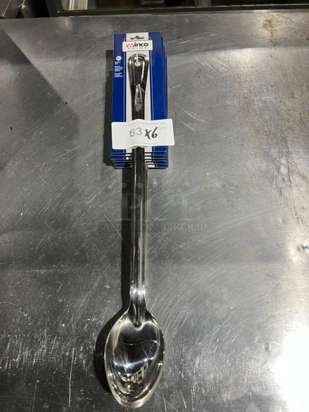 Brand new Winco Prime Stainless Steel Basting Spoon, model BSON-21. Features durable stainless steel body. Tags indicate 6x quantity bid.