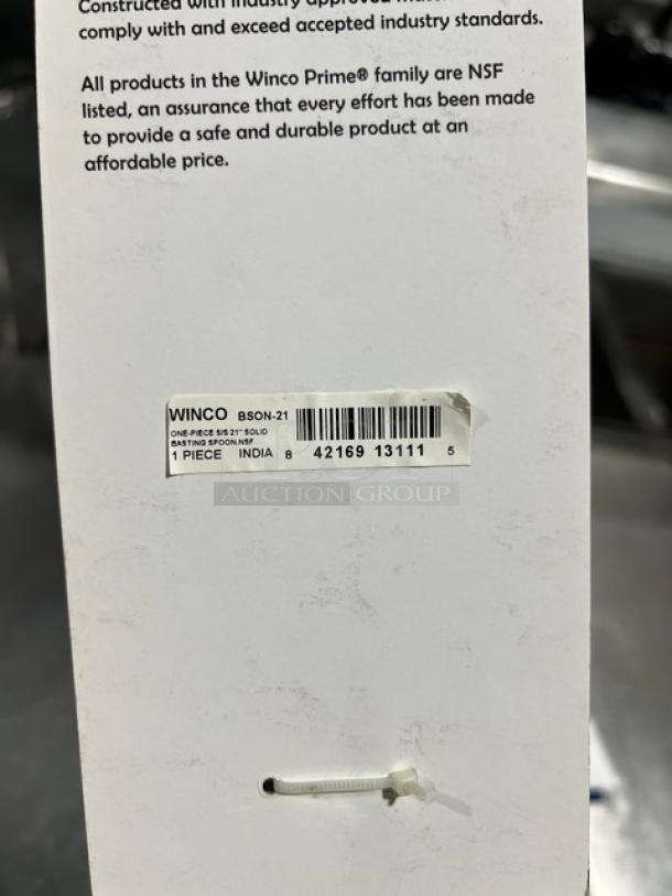 Winco Prime BSON-21 stainless steel basting spoon, brand new, NSF listed, made in India. Includes barcode and model label.