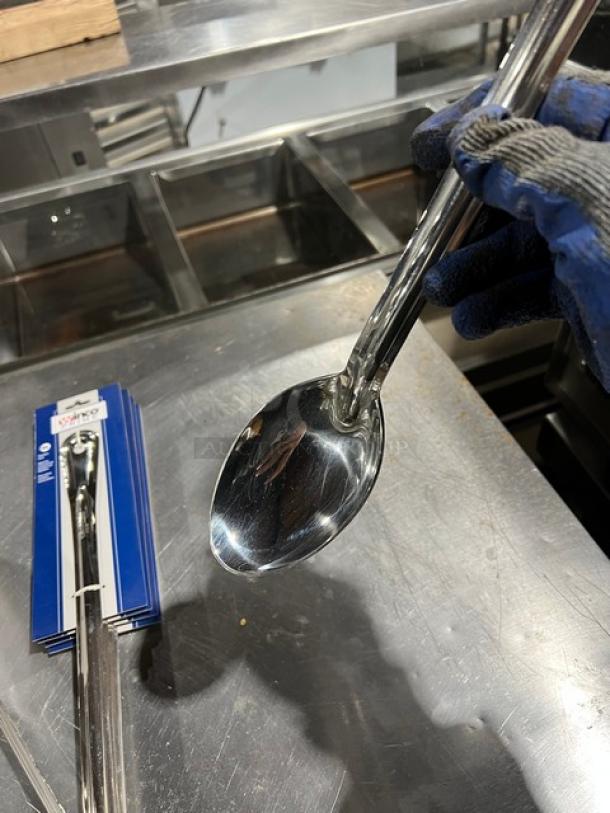Brand new Winco Prime BSON-21 stainless steel basting spoon. Includes 6 items. Features durable construction.