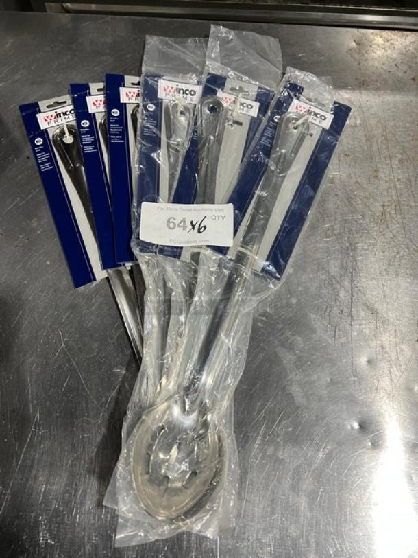 Brand new Winco Prime Stainless Steel Slotted Basting Spoons, Model BSON-21, set of 6, in original packaging.