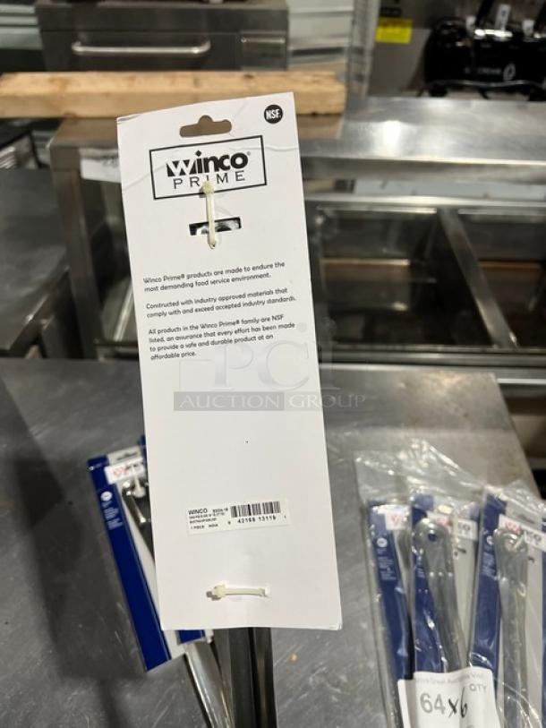 Brand new Winco Prime Stainless Steel Slotted Basting Spoon, Model BSON-21. Pack includes 6 spoons. Durable kitchen tool.