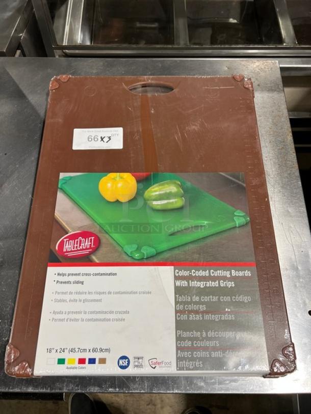 New Table Craft color-coded cutting boards with easy grip handle, 18"x24", prevents cross-contamination, NSF certified.