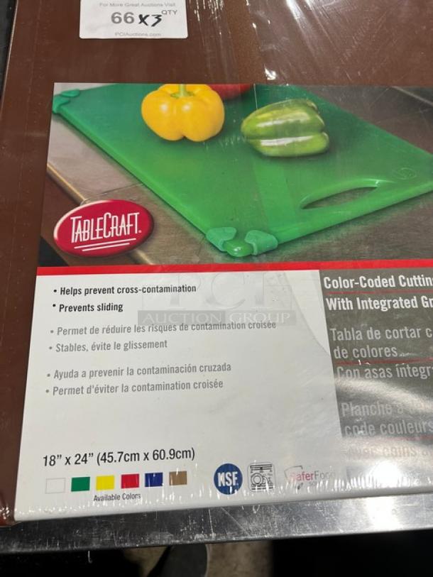 Table Craft color-coded cutting boards with easy grip handle, 18"x24", new condition, text promotes cross-contamination prevention.