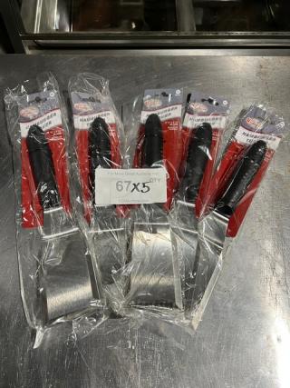 Five new Winware TKP61 hamburger turners in packaging, black handles, stainless steel blades, model name visible on tags.