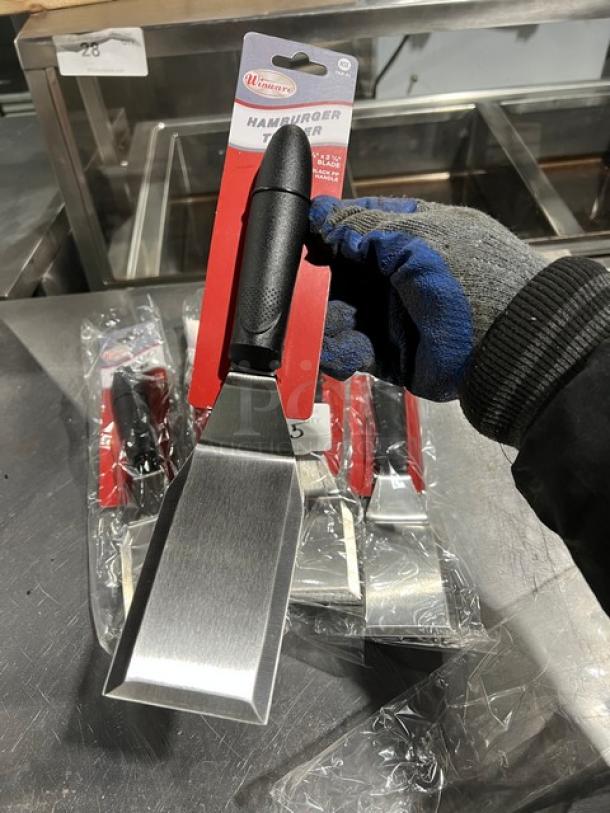 NEW! Winware Hamburger Turner, Model TKP61, stainless steel with black handle, in packaging. 5x your bid offer.