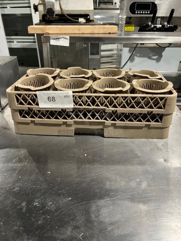 Commercial grade poly dish basket with utensil compartments, dishwasher safe; good condition with visible label "68 Qty".