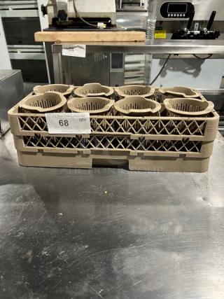 Commercial grade poly dish basket with utensil compartments, dishwasher safe; good condition with visible label "68 Qty".