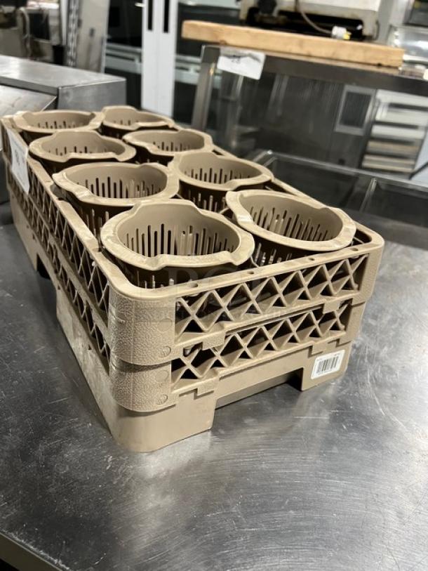 Commercial-grade poly dishwasher-safe utensil dish basket, durable, tan color, 8 compartments, excellent condition.