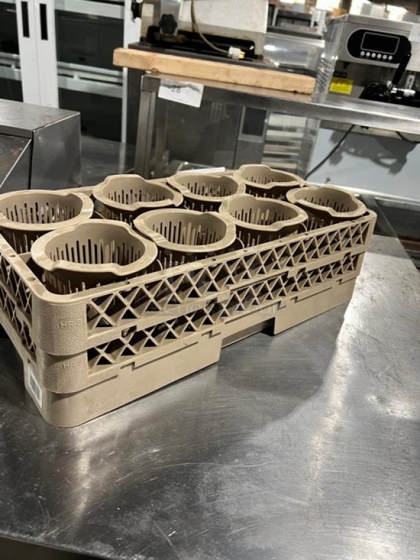 Commercial grade poly dishwasher-safe restaurant utensil dish basket with multiple compartments, sturdy design.