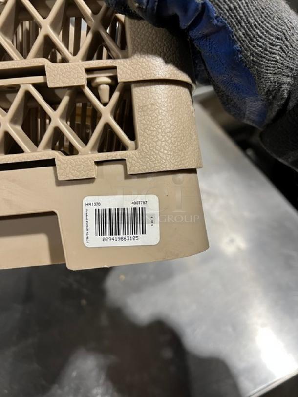 Commercial grade poly dish basket, dishwasher safe, durable design, beige color, barcode tag labeled HR1370, 4007787.