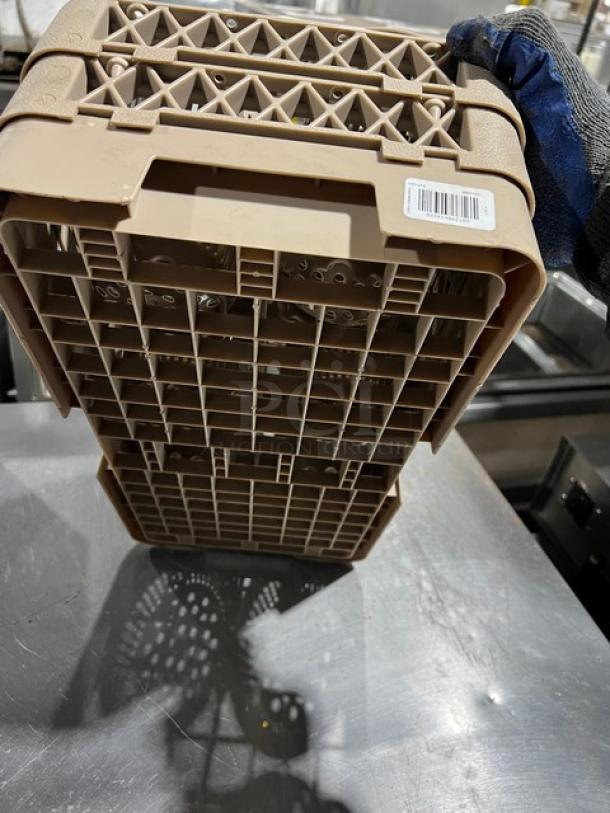 Commercial grade poly dish basket, dishwasher safe, for restaurant utensils. Beige with grid design, excellent condition.