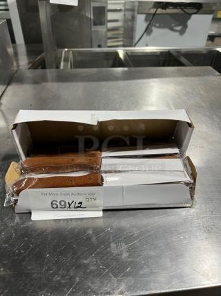 New in box Walco heavy-duty steak knives set, 12 pieces, wooden handles, sealed packaging, ideal for auctions.