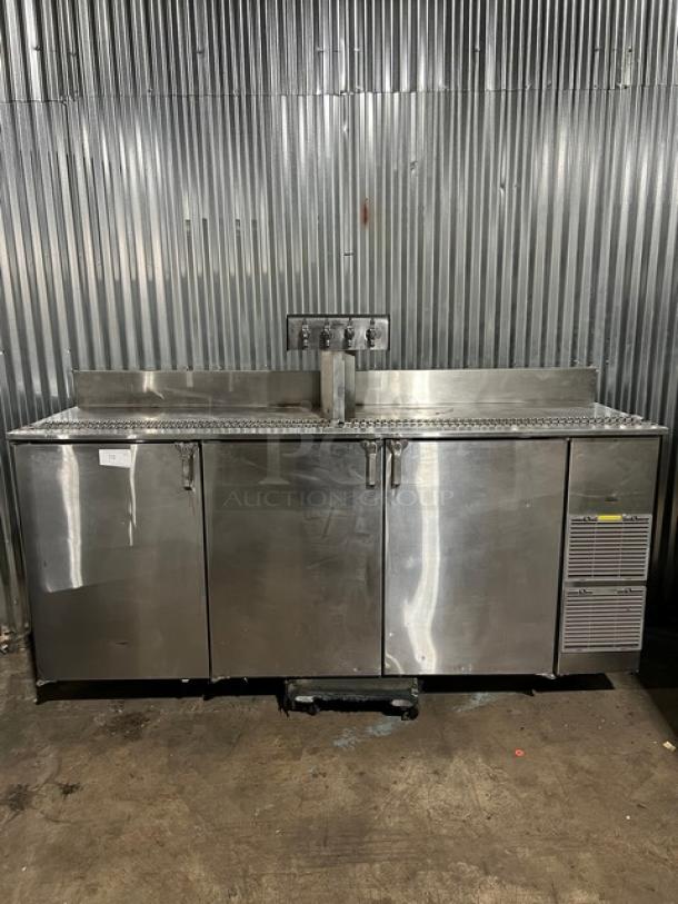 Perlick stainless steel 4-tap tower kegerator, model KC84-R6-SSH, commercial grade, 115V 1 Phase, serial 404104506N.