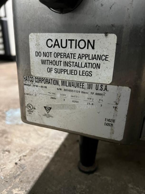 Hatco TFW461R Electric Thermo Finisher, 208V, 3 Phase, on legs. Serial 8816551120, UL certified. Caution label visible.