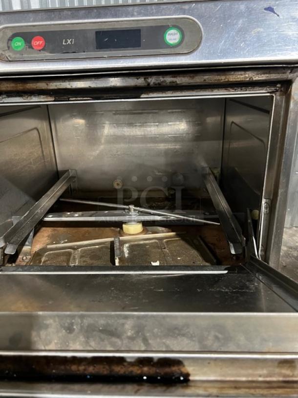 Hobart LXIGH stainless steel under-counter dishwasher, serial 23-1103-007, 208/240V, 1 Phase, open door view, used condition.