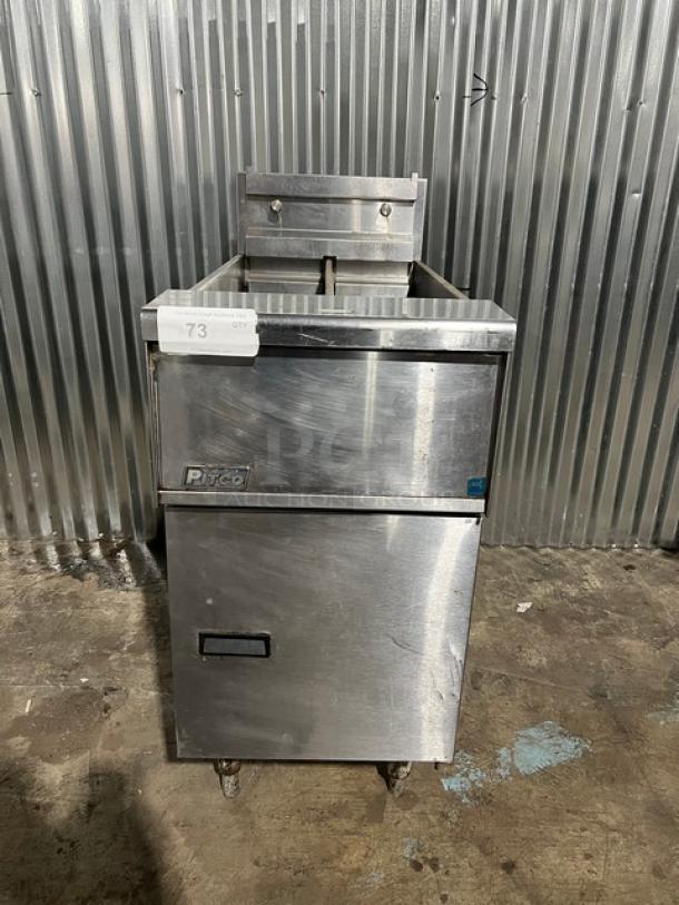 Pitco Soltice SE14T Split Tank Electric Fryer, individual controls, on legs. Stainless steel, serial E10CD008548, used.