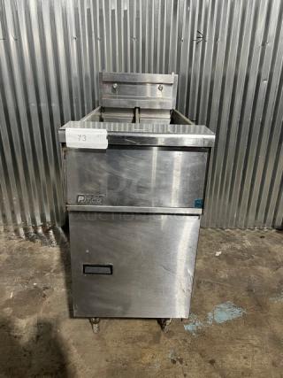 Pitco Soltice SE14T Split Tank Electric Fryer, individual controls, on legs. Stainless steel, serial E10CD008548, used.