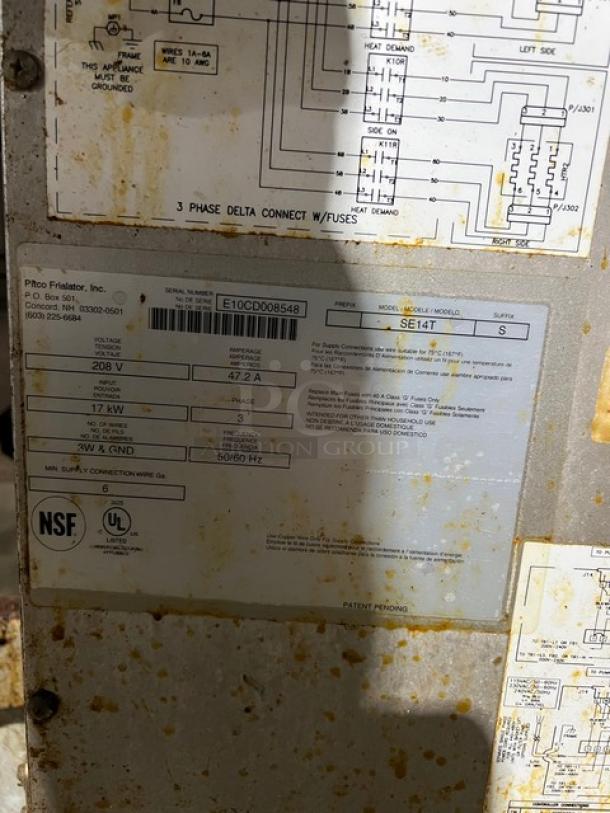 Pitco Soltice SE14T electric fryer with split tank and individual controls. Serial: E10CD008548. NSF, UL listed. On legs.