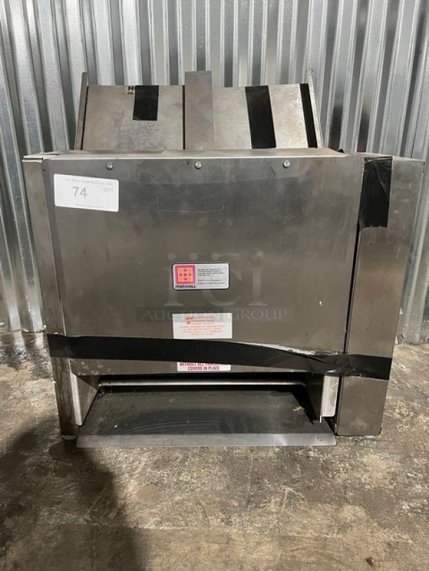 Marshall VT18 countertop electric conveyor toaster, stainless steel, top-loading, 208/240V, model, and serial labels visible.
