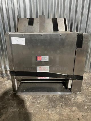 Marshall VT18 countertop electric conveyor toaster, stainless steel, top-loading, 208/240V, model, and serial labels visible.