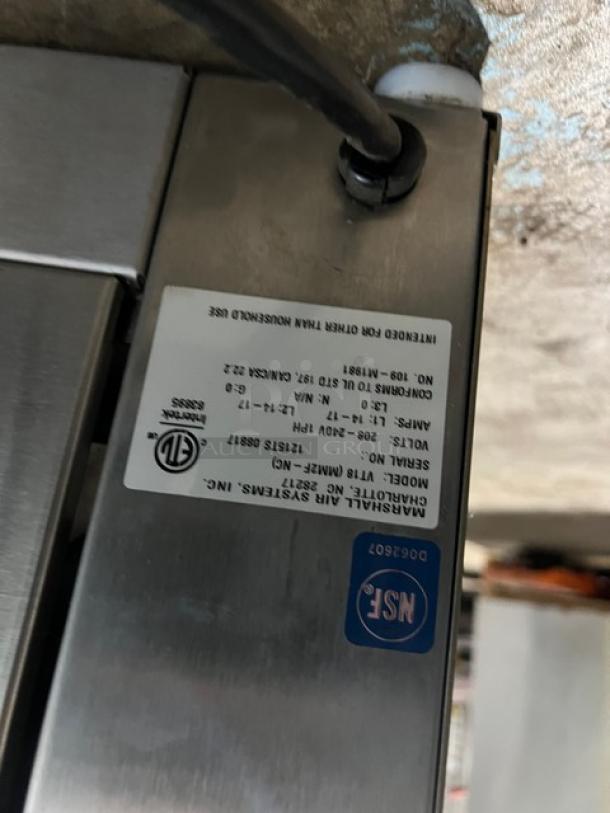 Marshall VT18 countertop electric conveyor toaster, serial 1215TS08817. 208/240V 1 Phase. ETL and NSF certified labels.