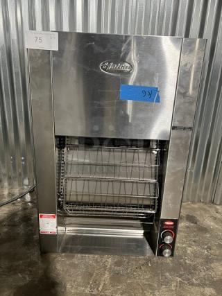Hatco Toast King TK135B countertop vertical toaster oven, stainless steel, 240V, 1 phase, model and serial labels visible.