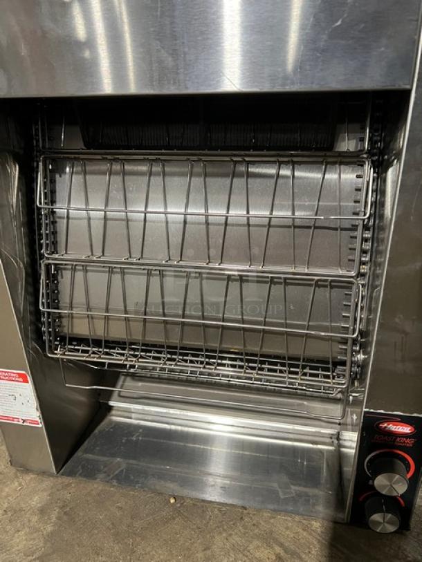 Hatco TK135B vertical toaster oven, Toast King edition, stainless steel, 240V, 1 phase, excellent condition, model label visible.