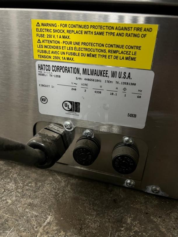 Hatco Toast King TK135B toaster oven label with serial 4406561841, 240V, 1 Phase, NSF and UL markings.