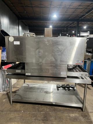 Micro Drive electric stainless steel conveyor pizza oven on stand with casters; used condition, visible control panel.