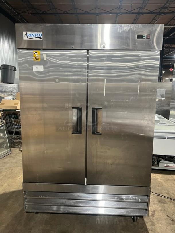 Avantco stainless steel 2-door reach-in freezer, model 178A49FHC, serial 067759920, 115V, 1 phase, on casters, with logo.